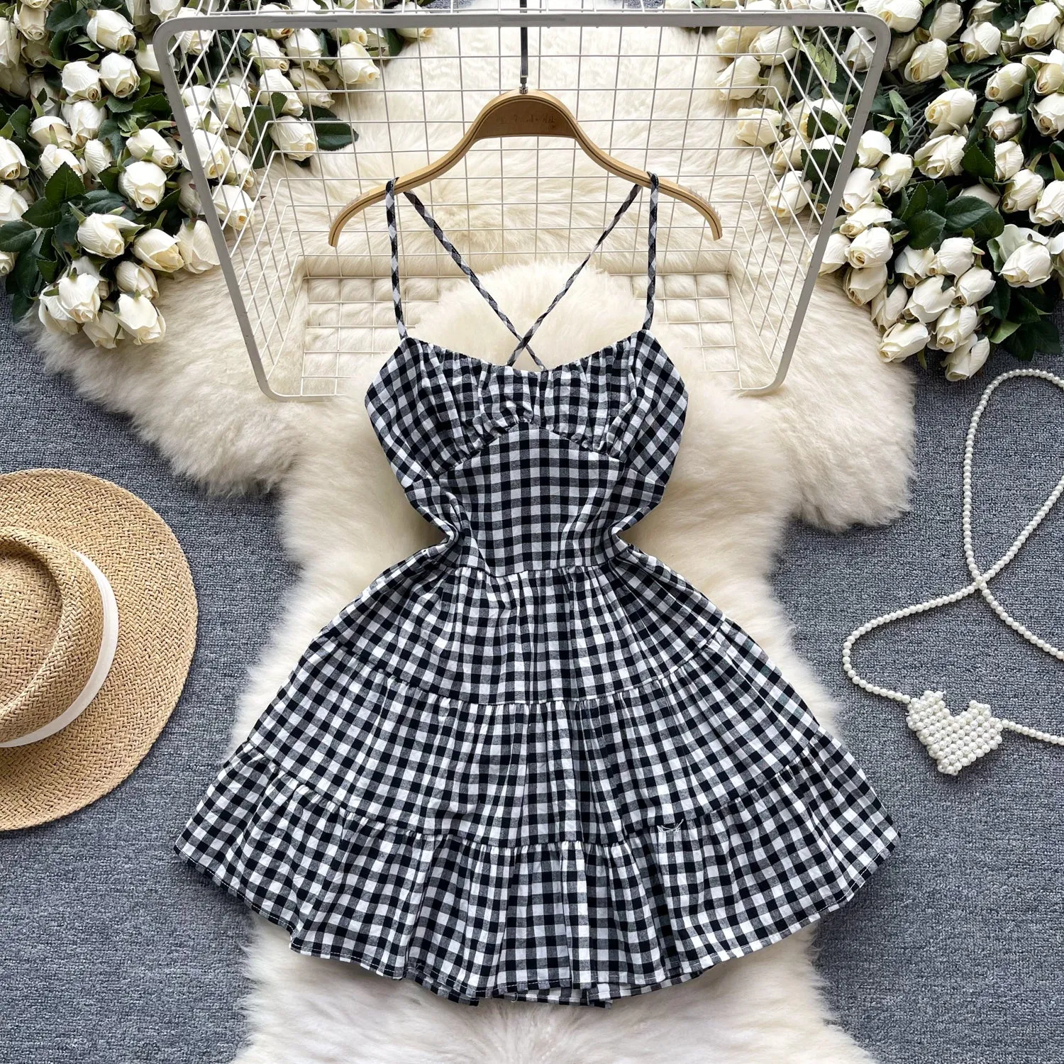 Sweetie Plaid Hollowed Halter Dress
