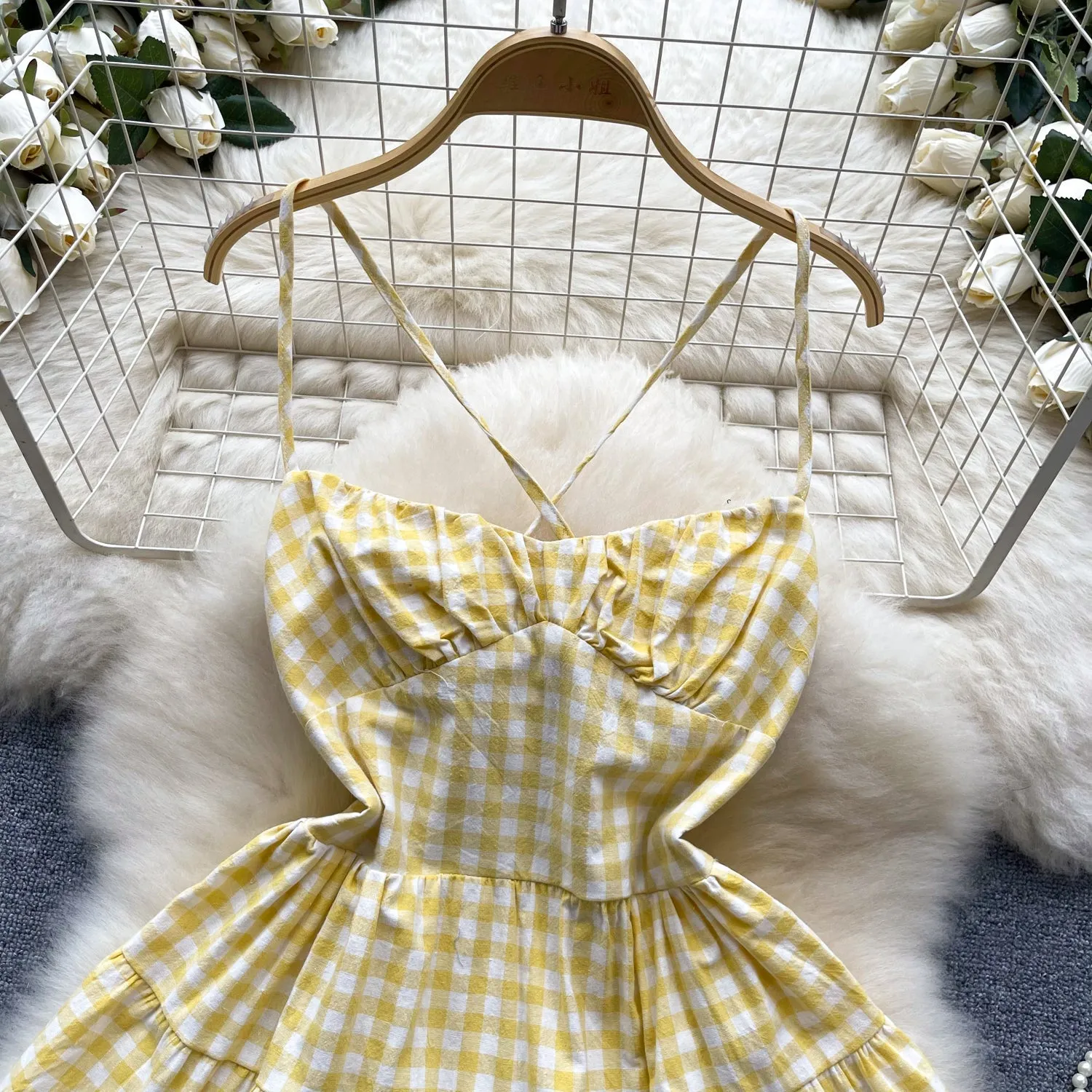 Sweetie Plaid Hollowed Halter Dress