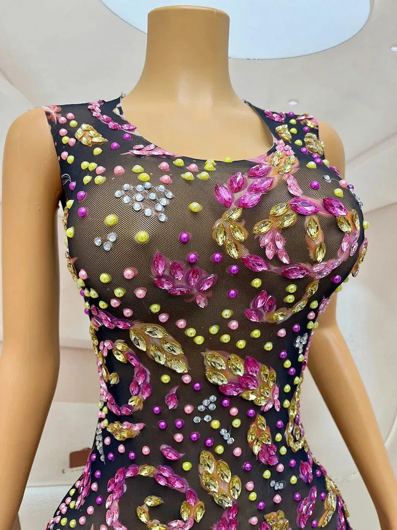 Trend4us Women's Glamorous Beaded Crystal Mini Cocktail Dress