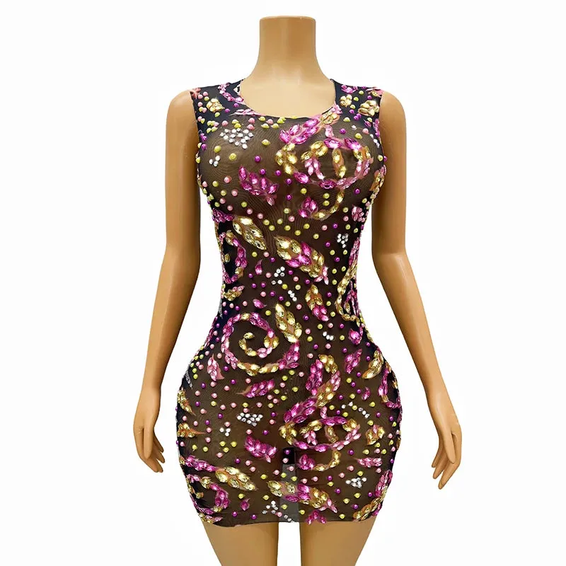Trend4us Women's Glamorous Beaded Crystal Mini Cocktail Dress