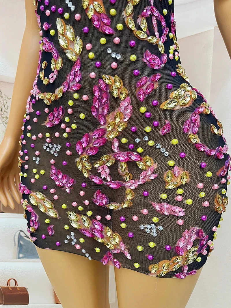 Trend4us Women's Glamorous Beaded Crystal Mini Cocktail Dress