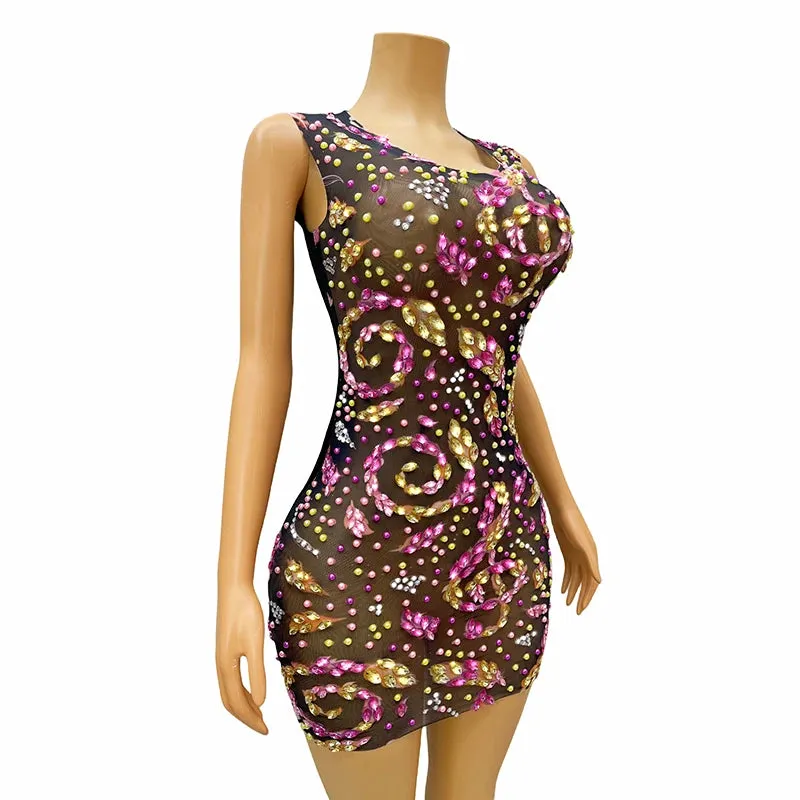 Trend4us Women's Glamorous Beaded Crystal Mini Cocktail Dress