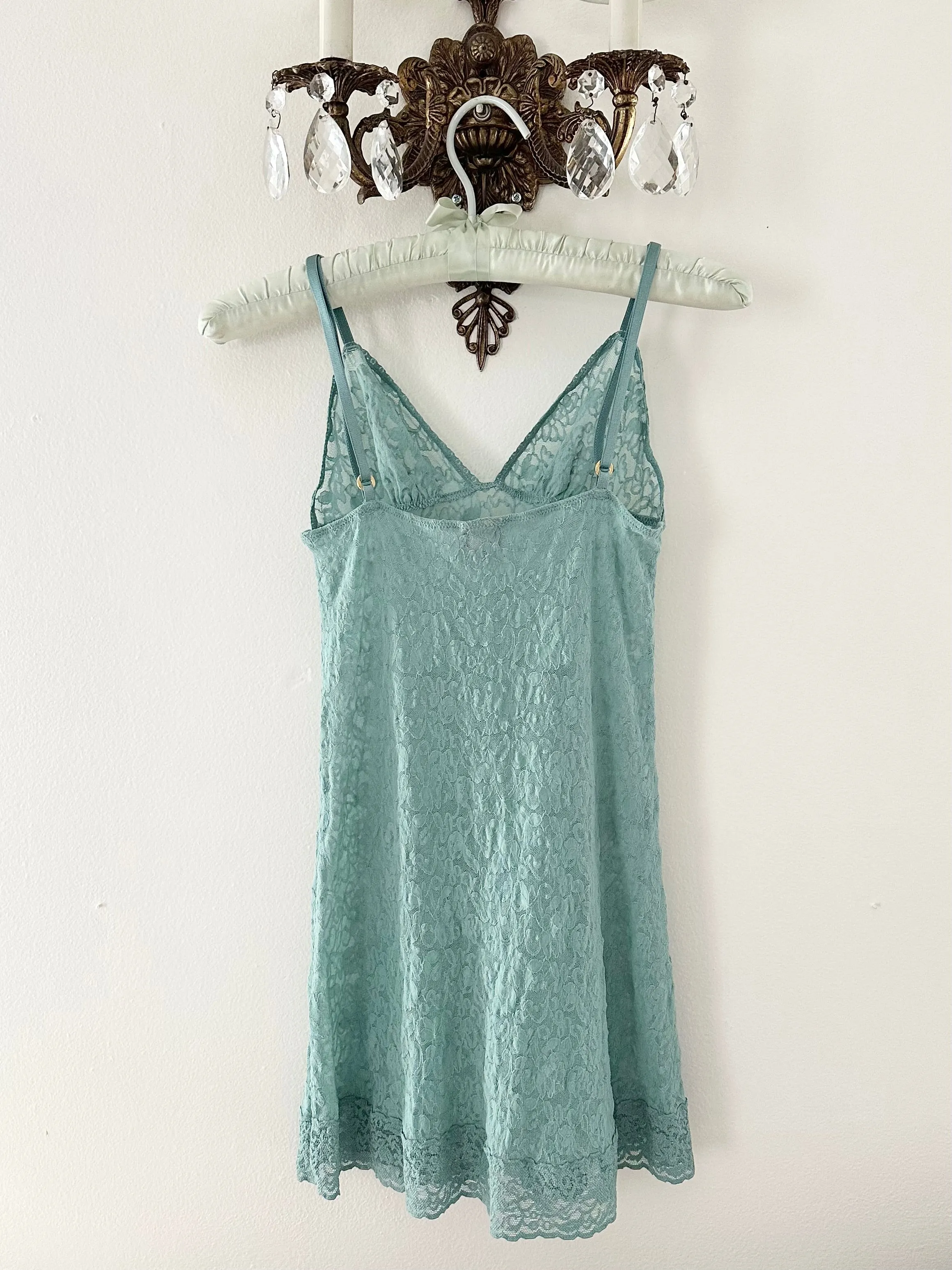 Turquoise Blue 1990s Lace Vintage Victoria's Secret Slip Dress (XS)