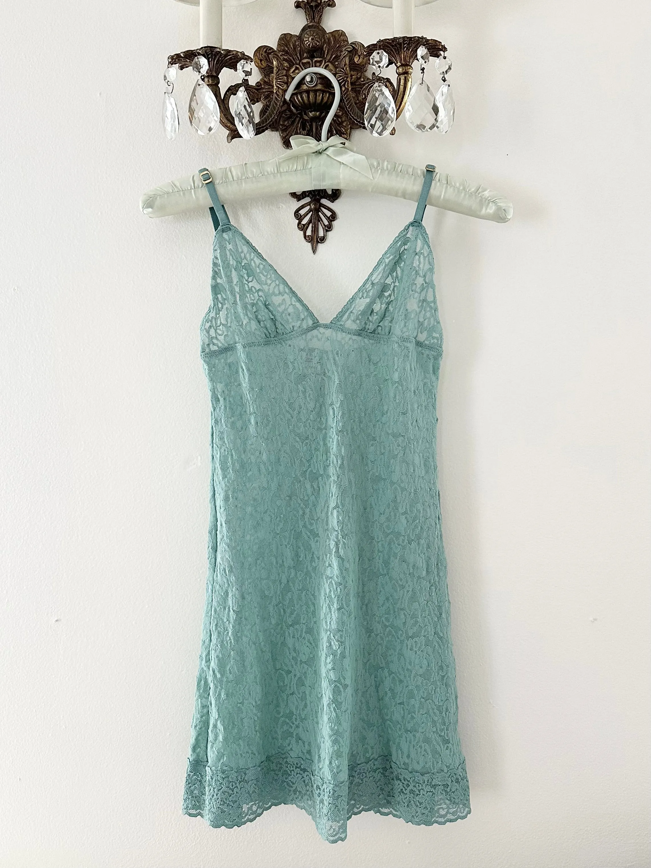 Turquoise Blue 1990s Lace Vintage Victoria's Secret Slip Dress (XS)