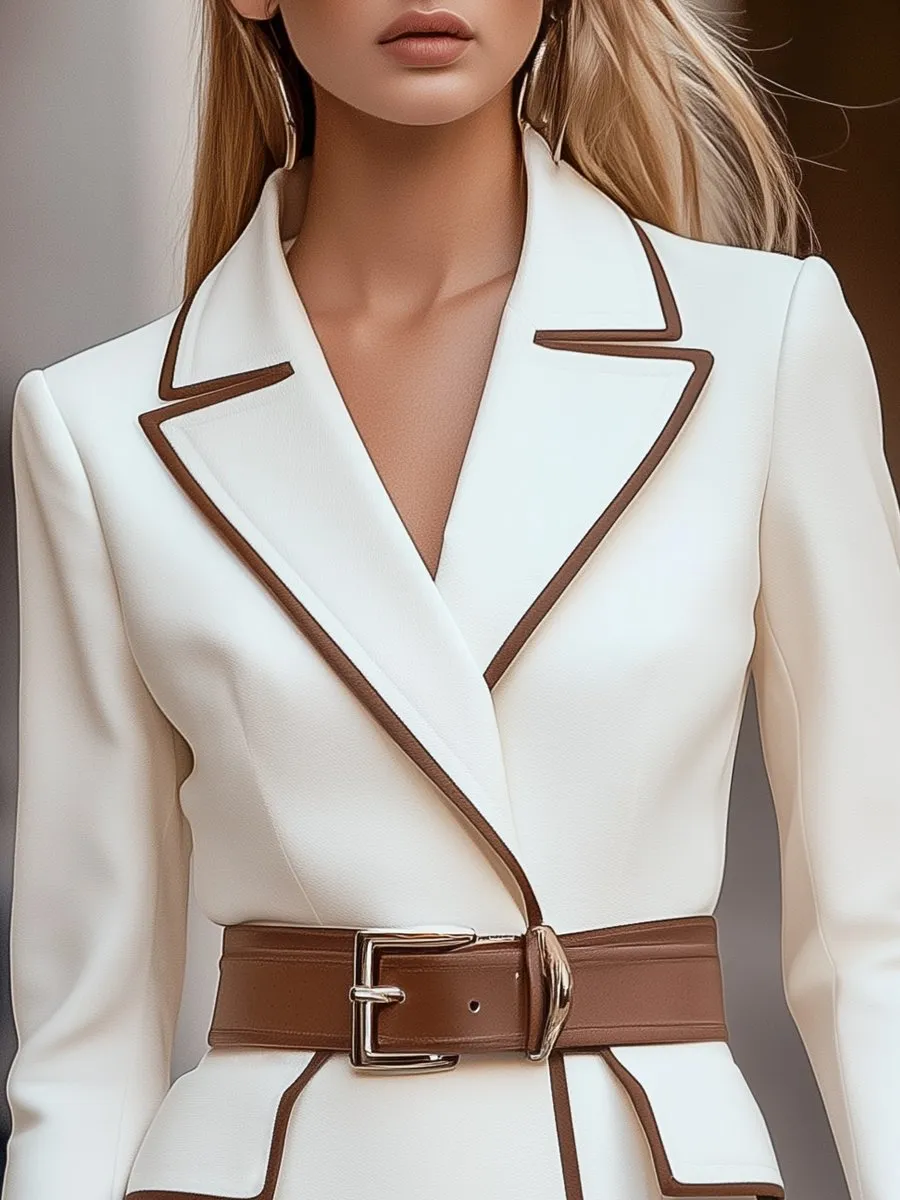 White Blazer Dress with Brown Trim and Belted Waist