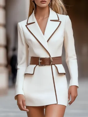 White Blazer Dress with Brown Trim and Belted Waist