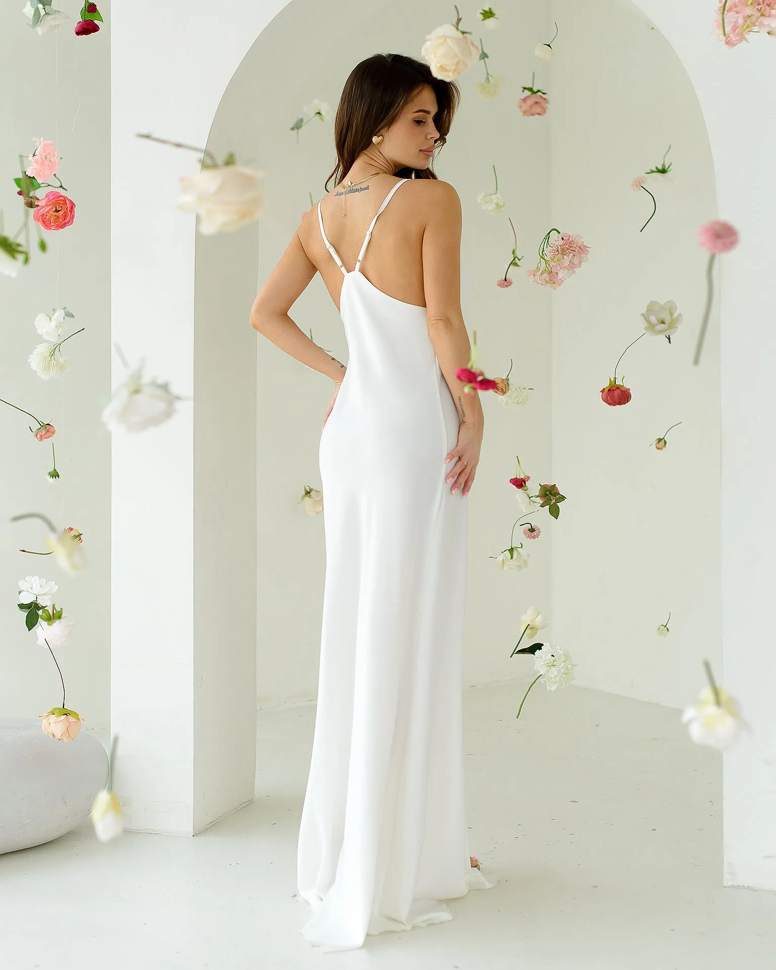 White Satin Thigh-Slit Slip Dress